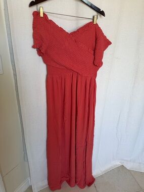 City Chic Coral Red Off-Shoulder Smocked Maxi Dress
